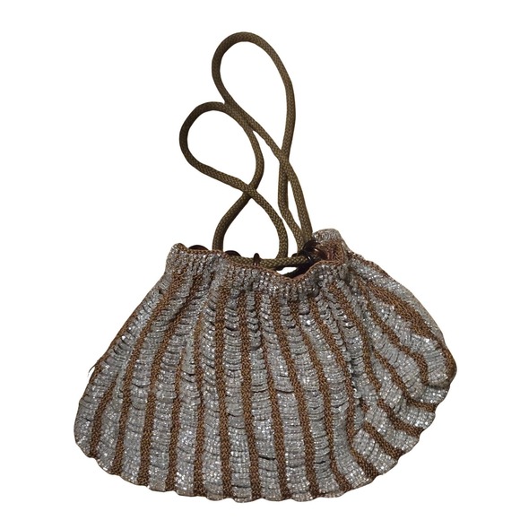 Unbranded Handbags - Vtg 20s Beaded Shell Drawstring Pouch Purse Bag Clear Seed Beads Evening flapper